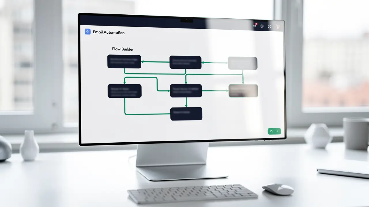 Person setting up an ecommerce email automation flow on a computer with an inbox and analytics on screen