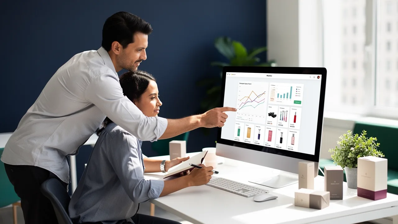 Ecommerce team reviewing an online store dashboard on a large monitor