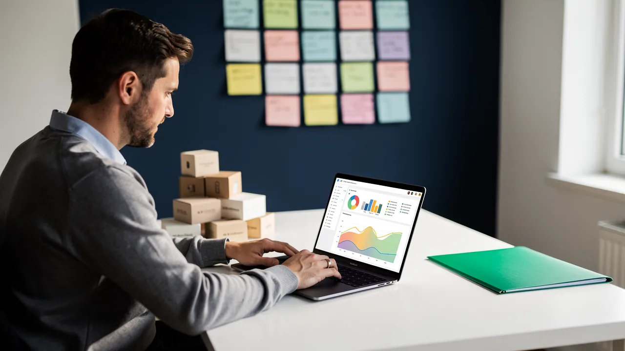 Ecommerce manager reviewing store performance on a laptop in a bright office