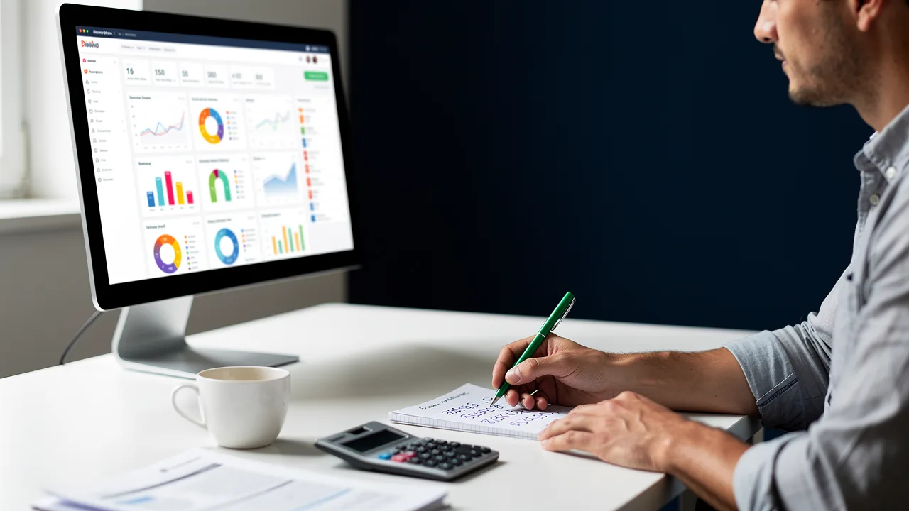 Ecommerce manager reviewing salary and revenue figures on a monitor