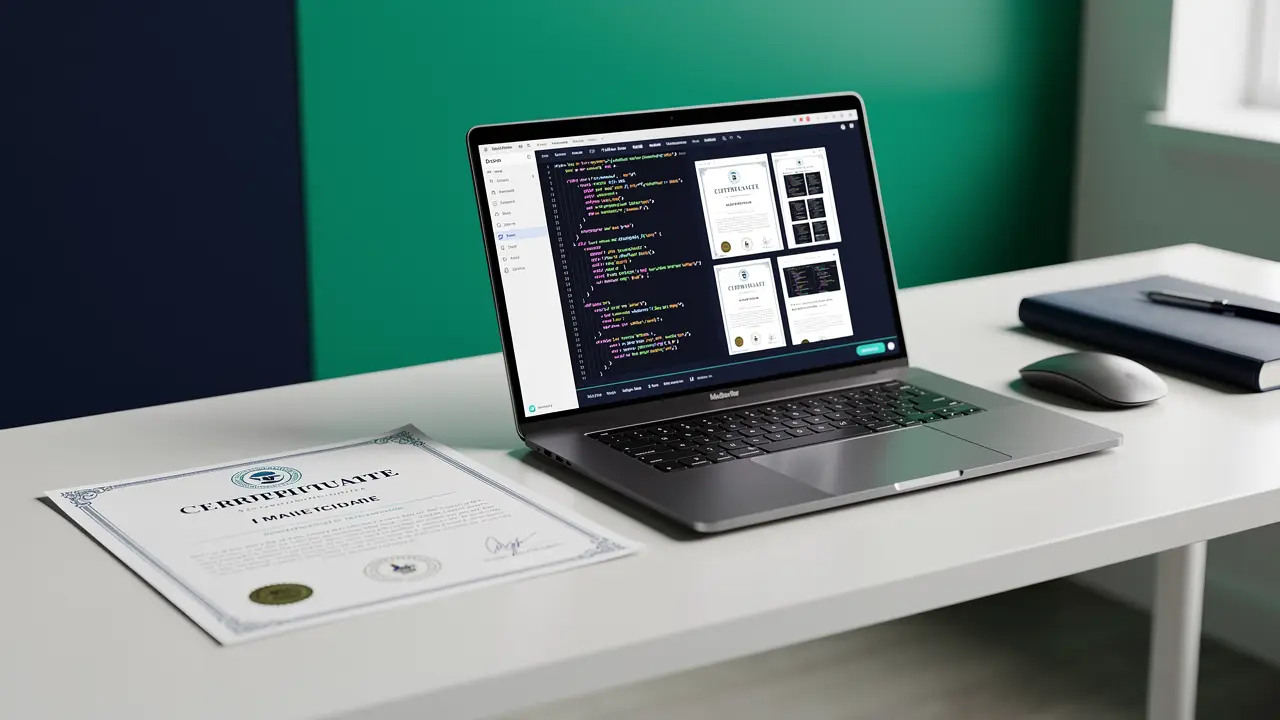 A portfolio of coded emails next to a certificate: proof plus credentials