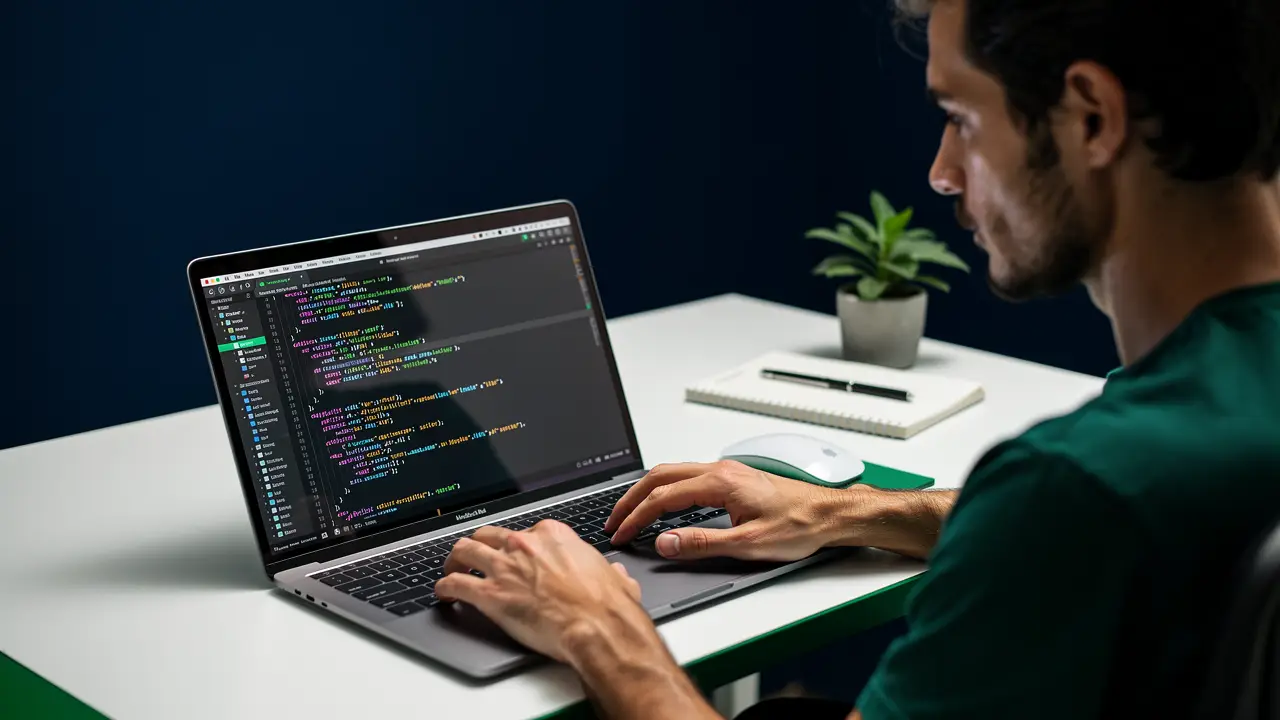 Email developer reviewing HTML email code on a laptop