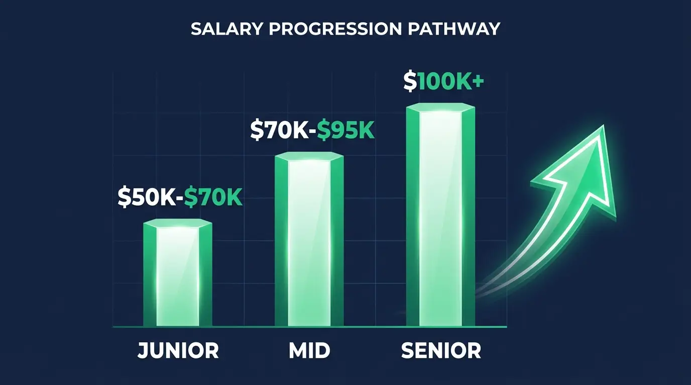 Email developer salary by level: junior $50K-$70K, mid $70K-$95K, senior $100K+