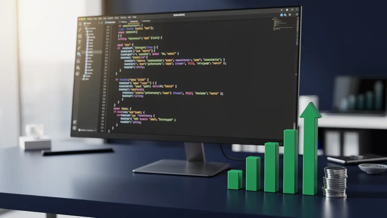 HTML email code beside a rising earnings chart and coins