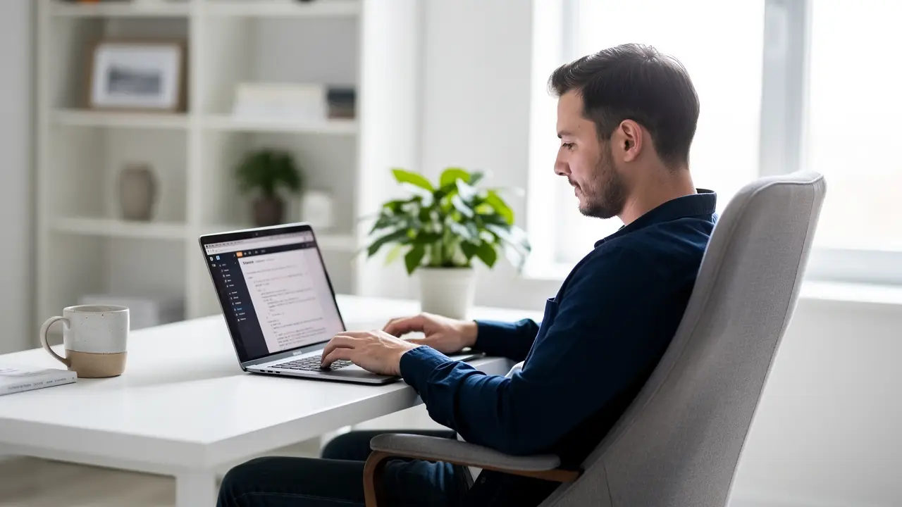 Freelance email developer working on a laptop in a bright home office