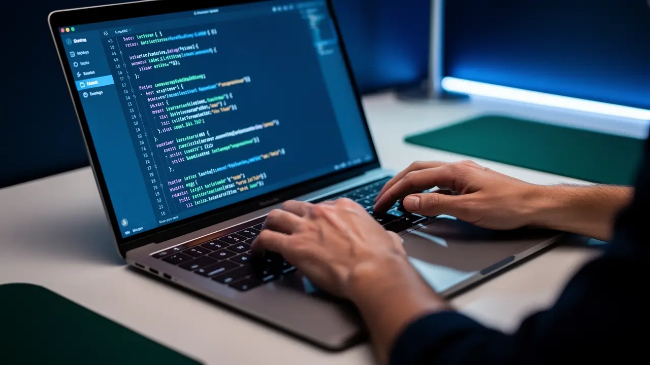 Email developer coding an HTML email on a laptop