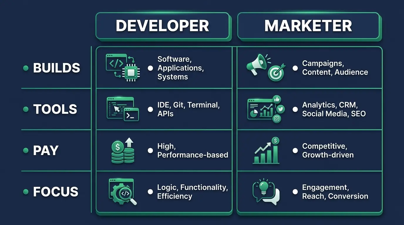 Comparison diagram of email developer versus email marketer across builds, tools, pay and focus