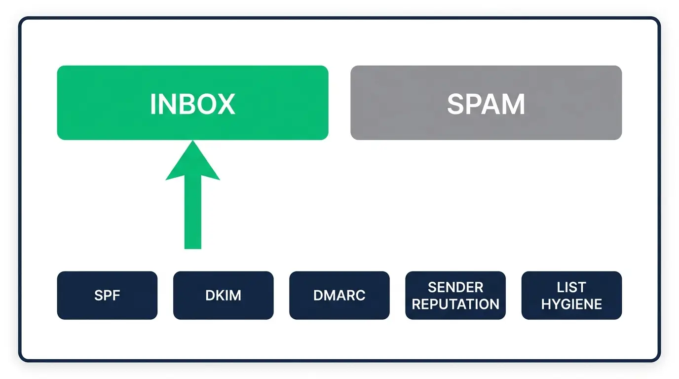 Diagram showing email deliverability factors that decide inbox versus spam, including SPF DKIM DMARC authentication, sender reputation, and list hygiene