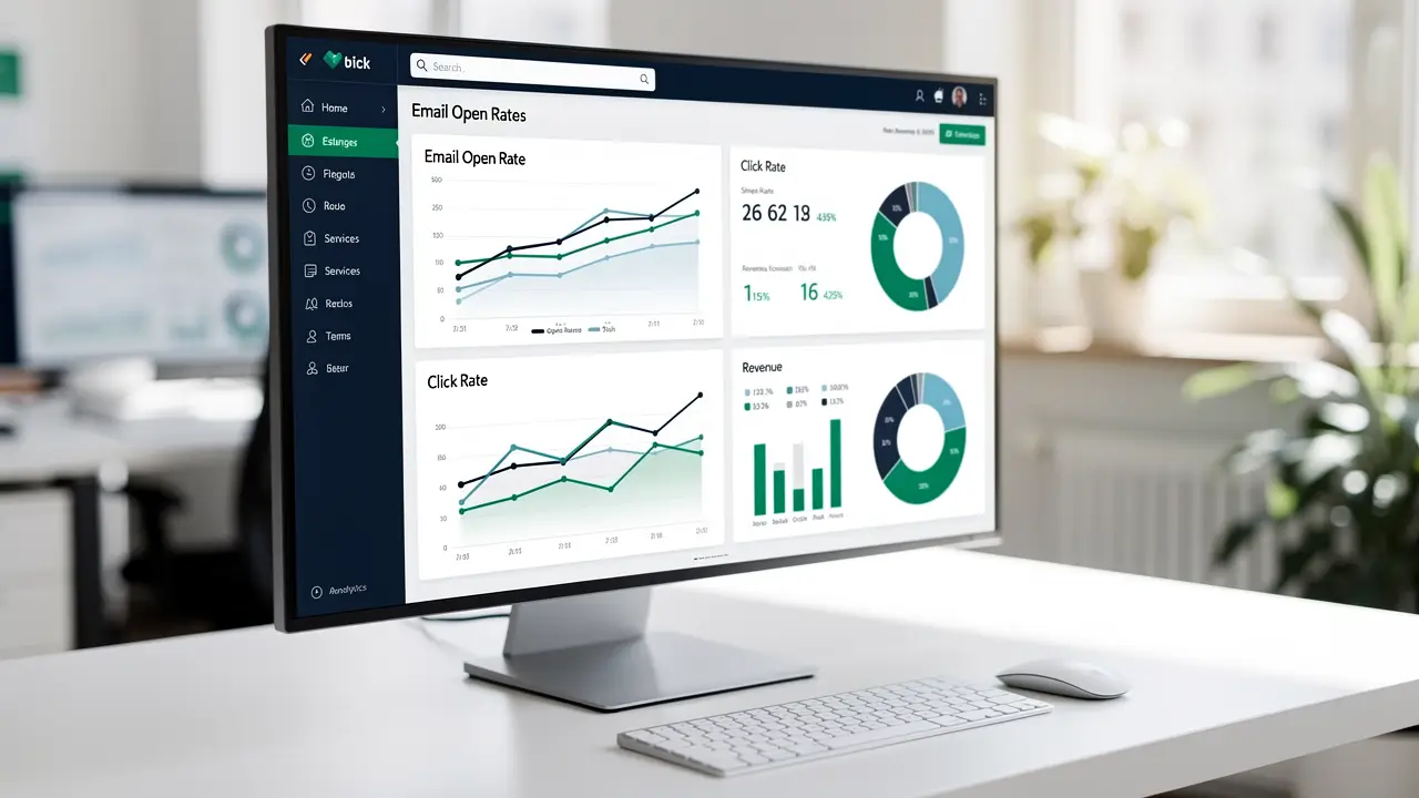 Marketing dashboard on a laptop screen showing email performance metrics that matter, including click-through rate, conversion rate, and revenue per subscriber