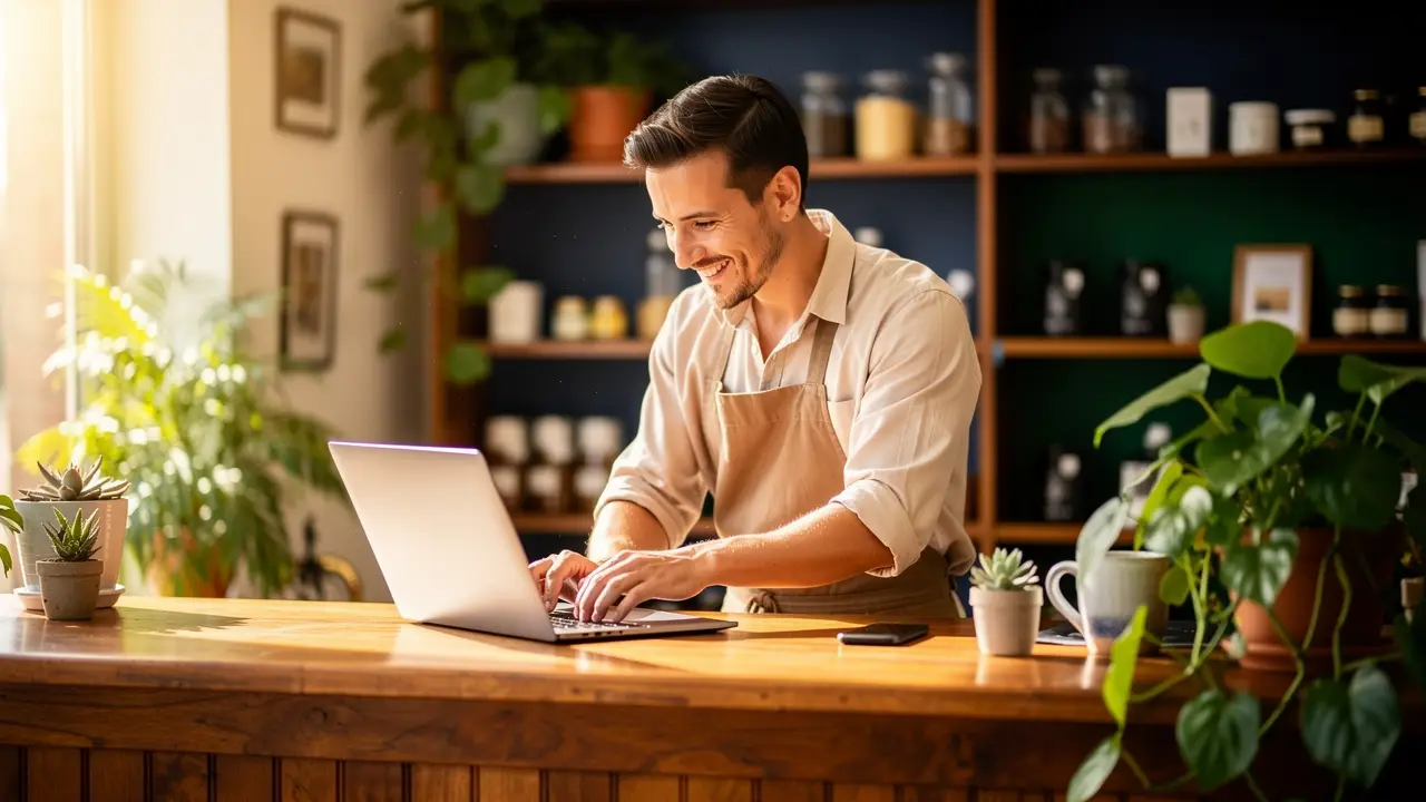 A small business owner at a wooden desk reviewing an email automation dashboard on a laptop, warm natural light, focused and calm