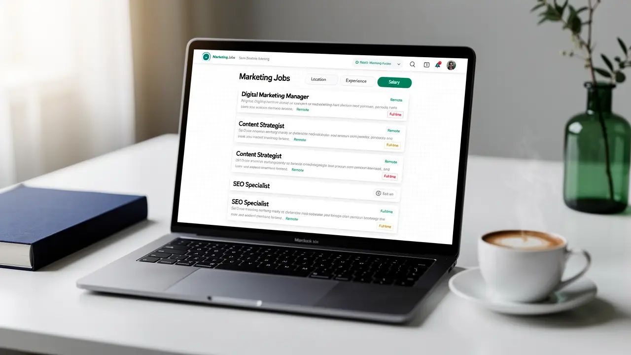 A laptop showing a job board of open email marketing roles, from specialist to manager