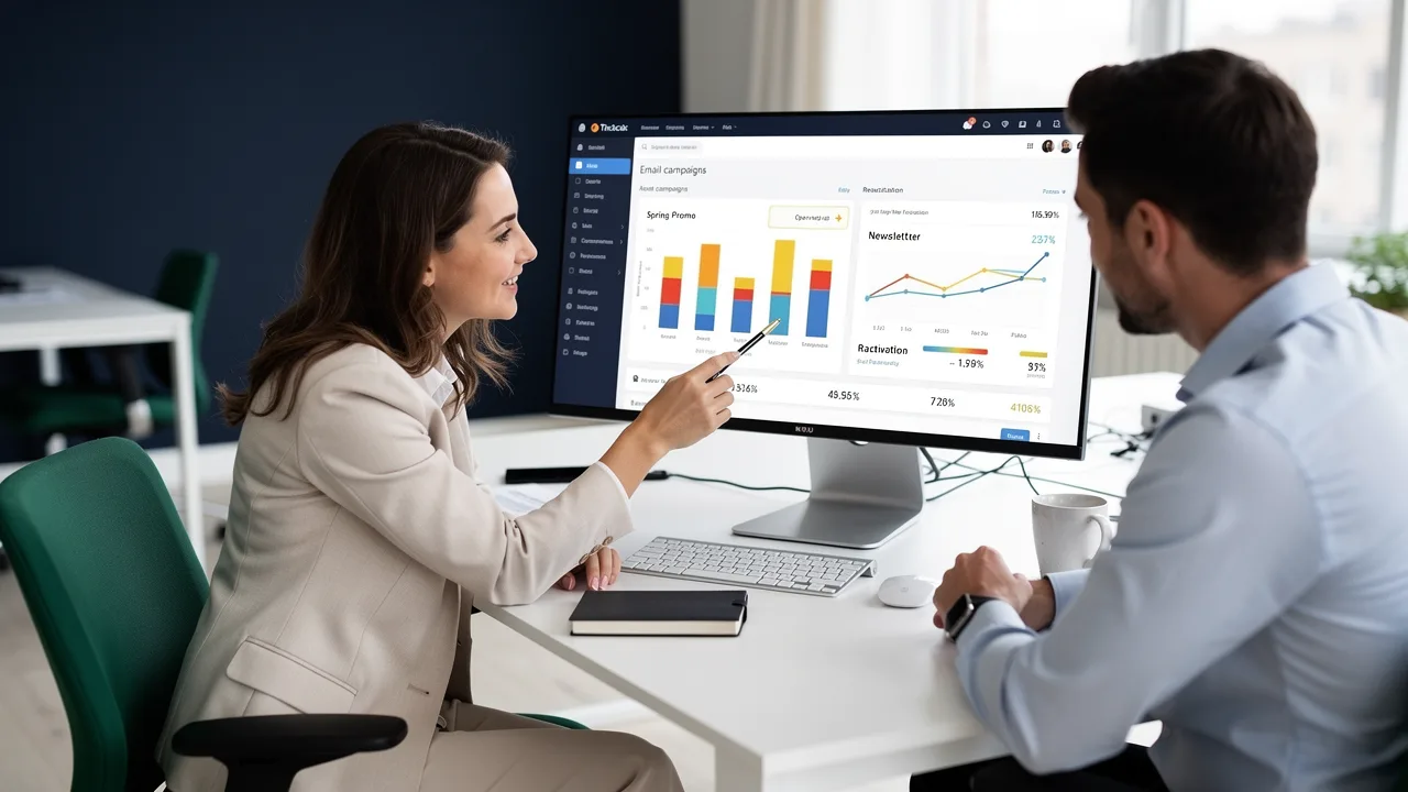 Email marketing manager and specialist reviewing campaign results together