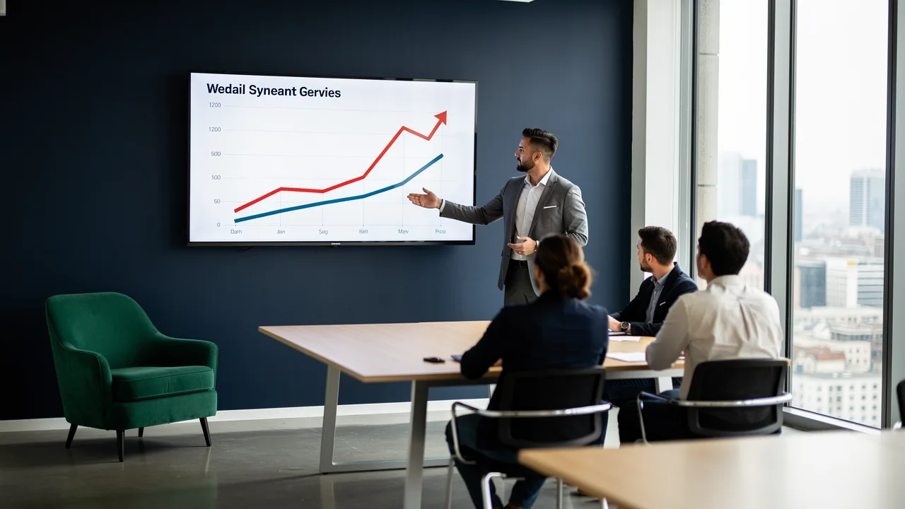 Email marketing manager presenting revenue results to a team