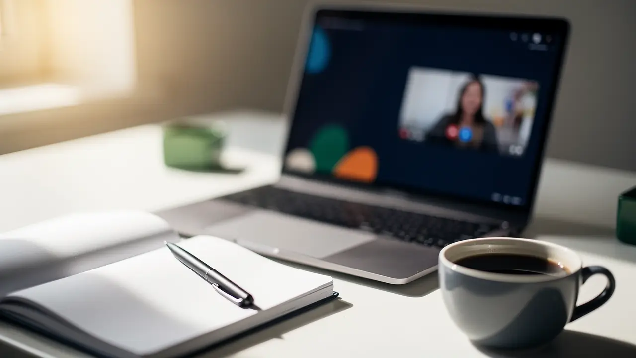 A laptop showing a free online coding course beside a notebook and coffee on a bright desk