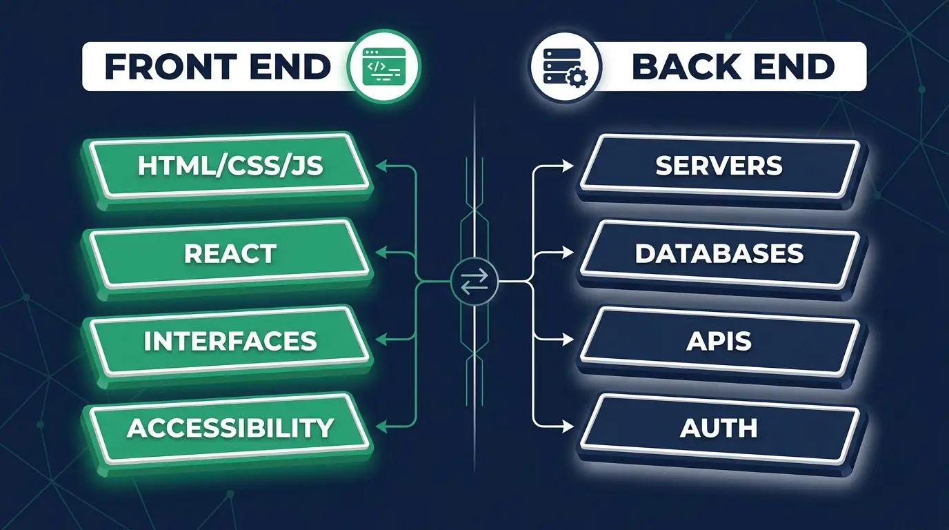 Front-end versus back-end compared: HTML, CSS, JS and interfaces against servers, databases and APIs