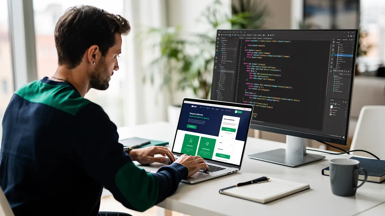 A developer building a real front-end project alongside a code editor