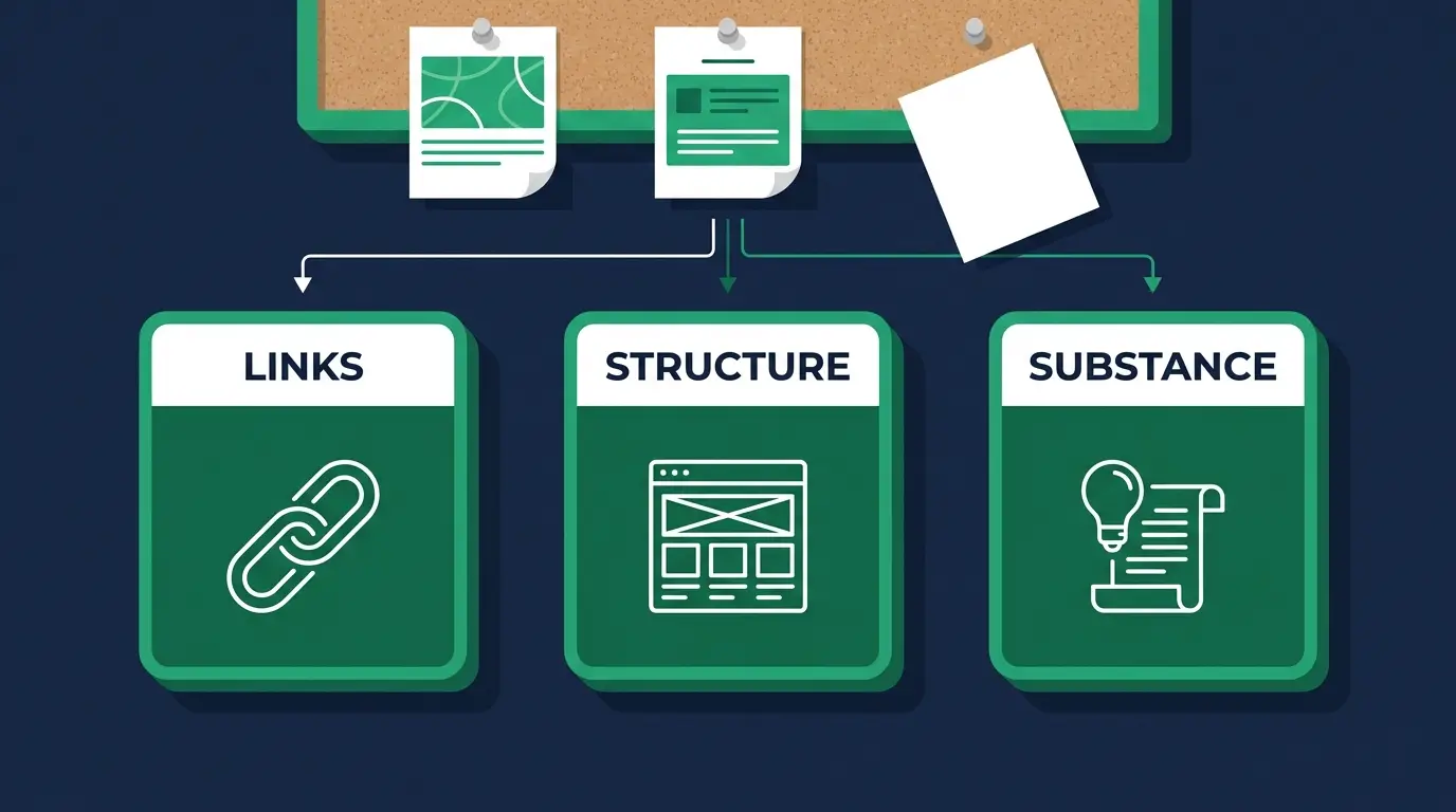 The three factors that decide if a page survives Google's index purge: links, structure, and substance