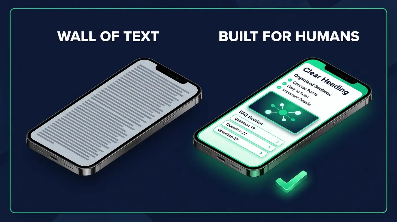 A structured, scannable page next to an AI-generated wall of text on a phone screen