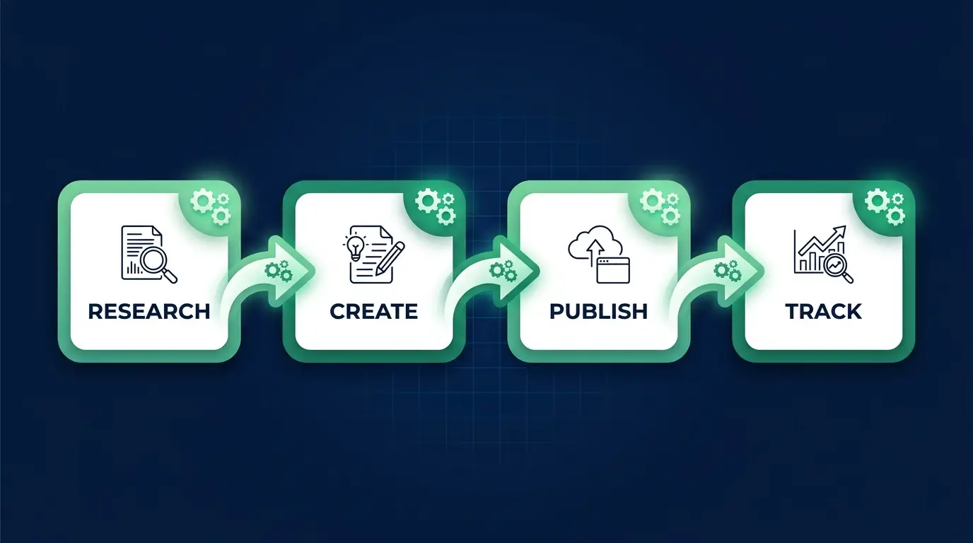 SEO automation workflow diagram: research, create, publish, track