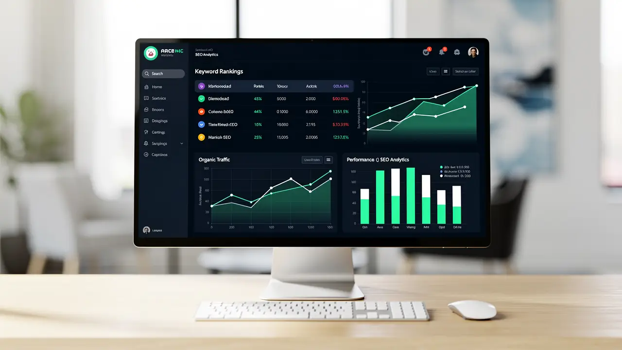 SEO dashboard showing keyword rankings and traffic graphs