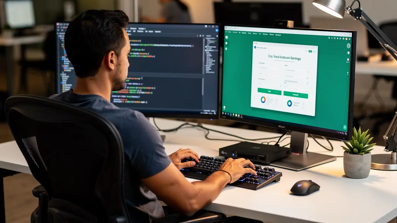 A developer writing PHP and Laravel backend code across dual monitors