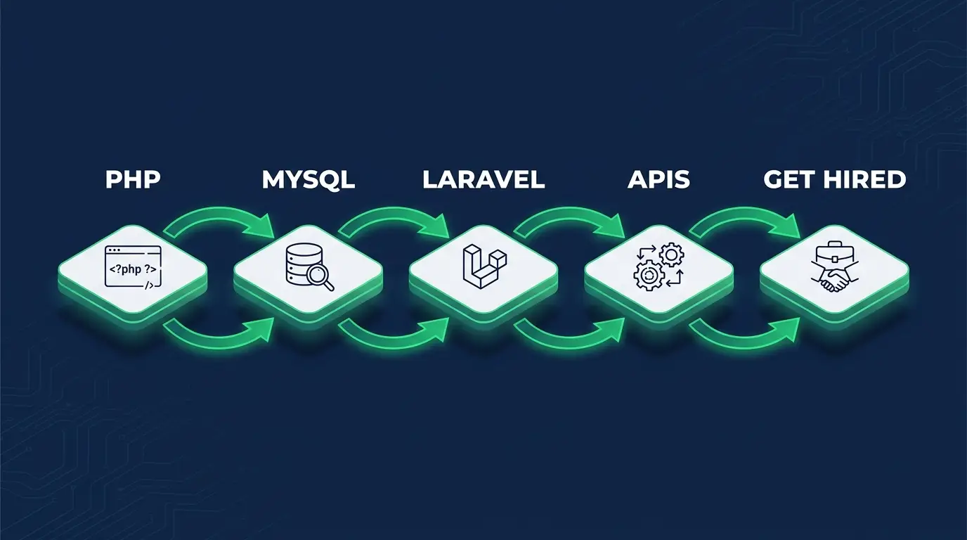 Roadmap to become a PHP developer: PHP, MySQL, Laravel, APIs, then hired