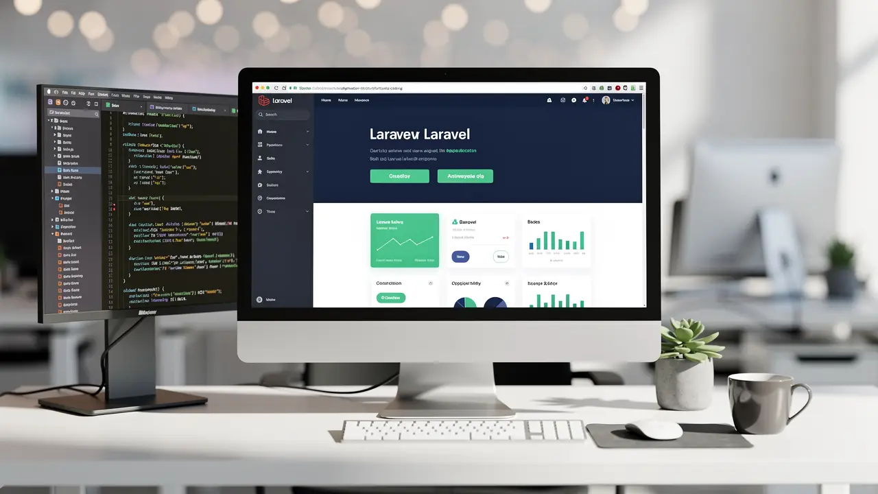 A finished Laravel web application running in a browser beside its code