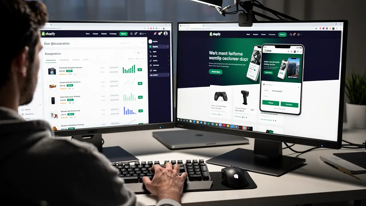 A Shopify developer building an ecommerce store across a store admin and a live preview