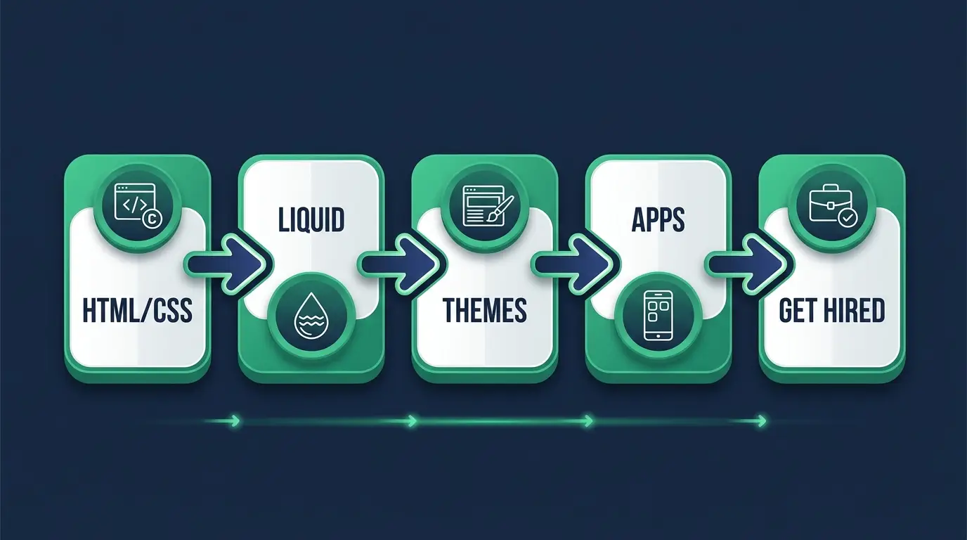Roadmap to become a Shopify developer: HTML/CSS, Liquid, themes, apps, then hired