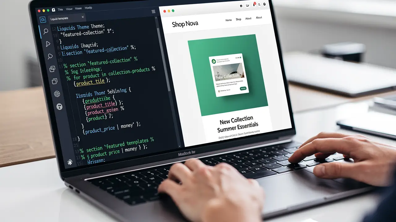 Liquid theme template code beside a Shopify store preview on a laptop