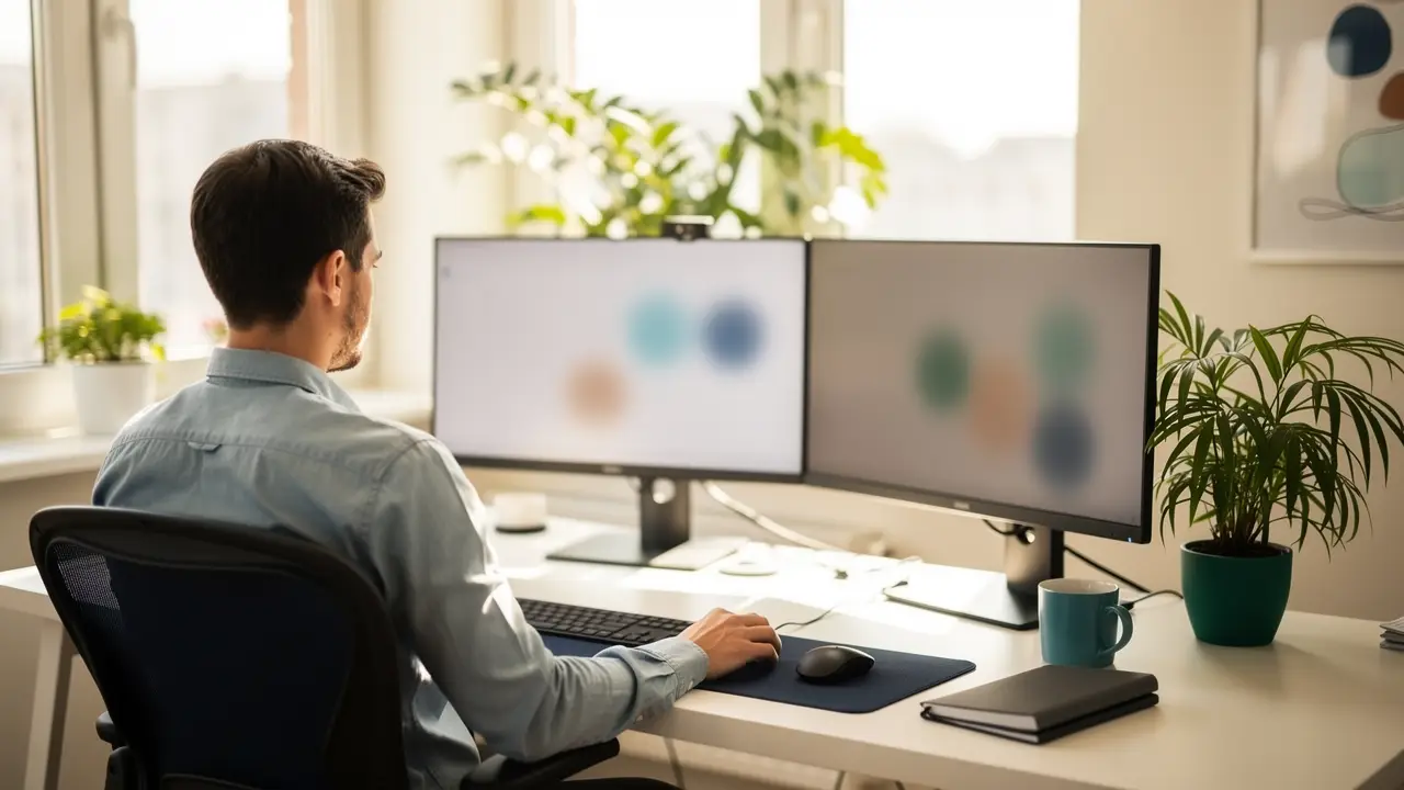 A software developer working at a desk with dual monitors and code