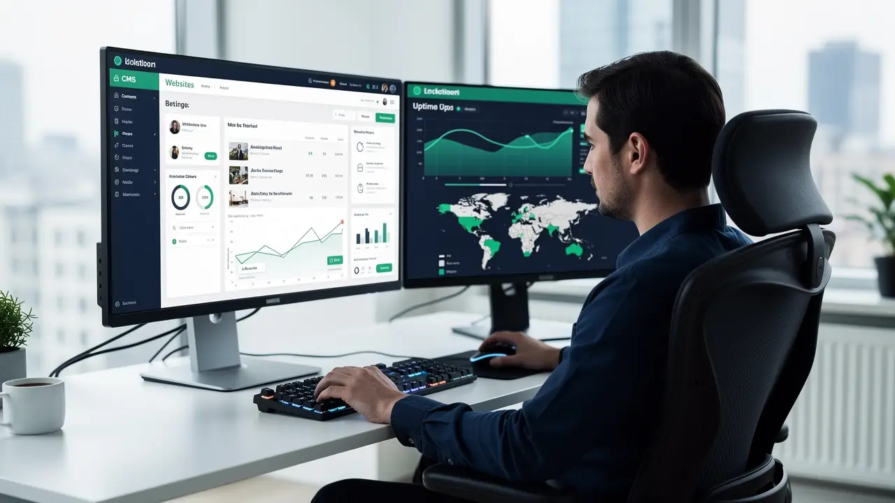 A web administrator publishing and updating pages in a CMS dashboard