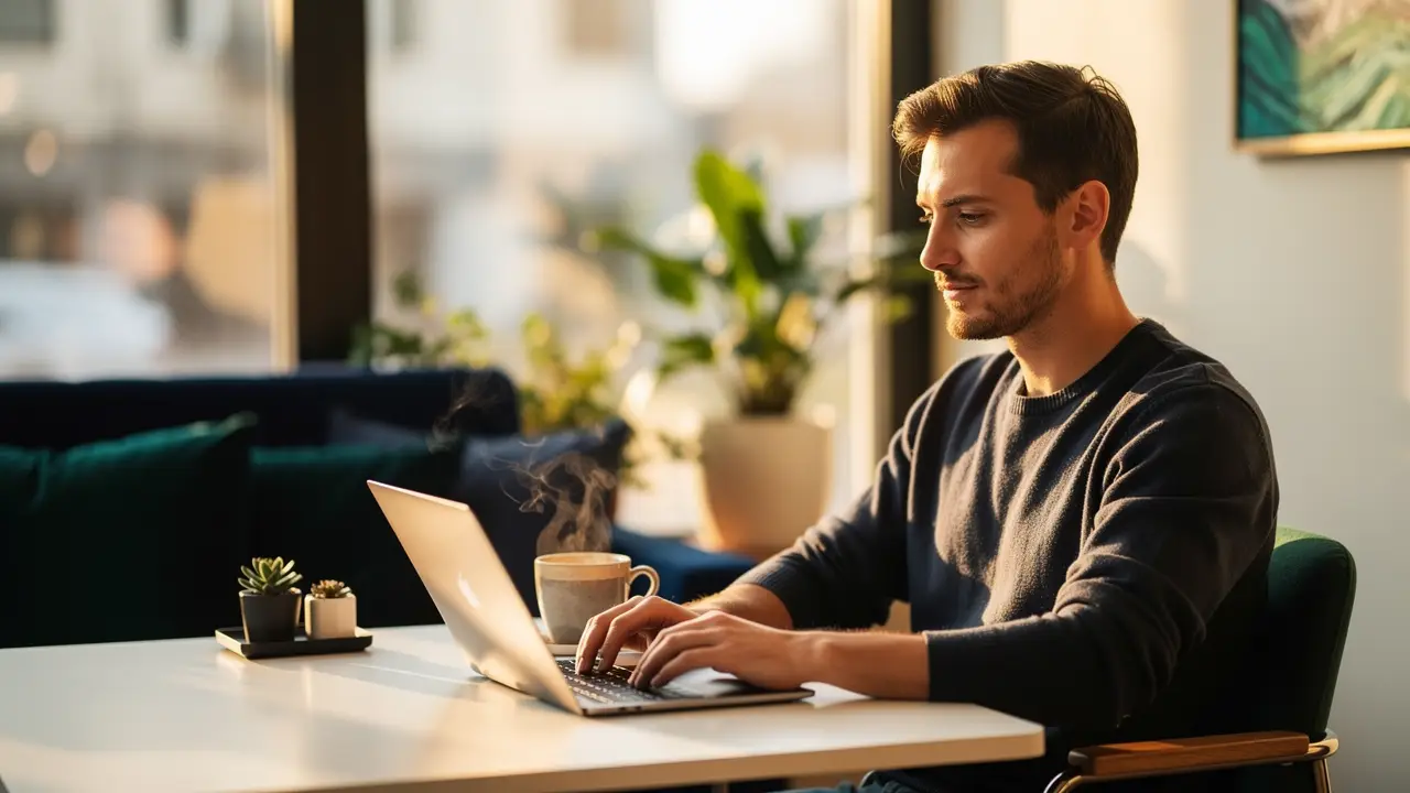 A freelance web developer working on a laptop in a bright home office