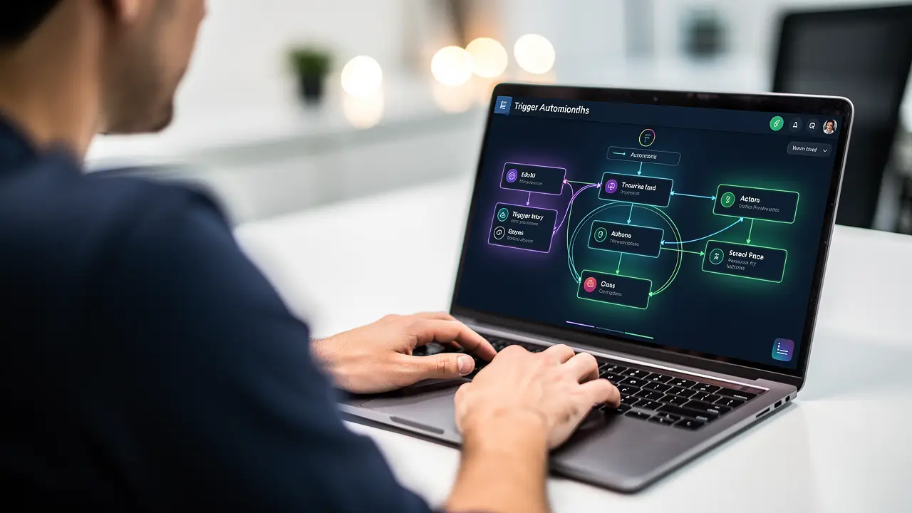 No-code automation workflow connecting business apps with glowing nodes and arrows
