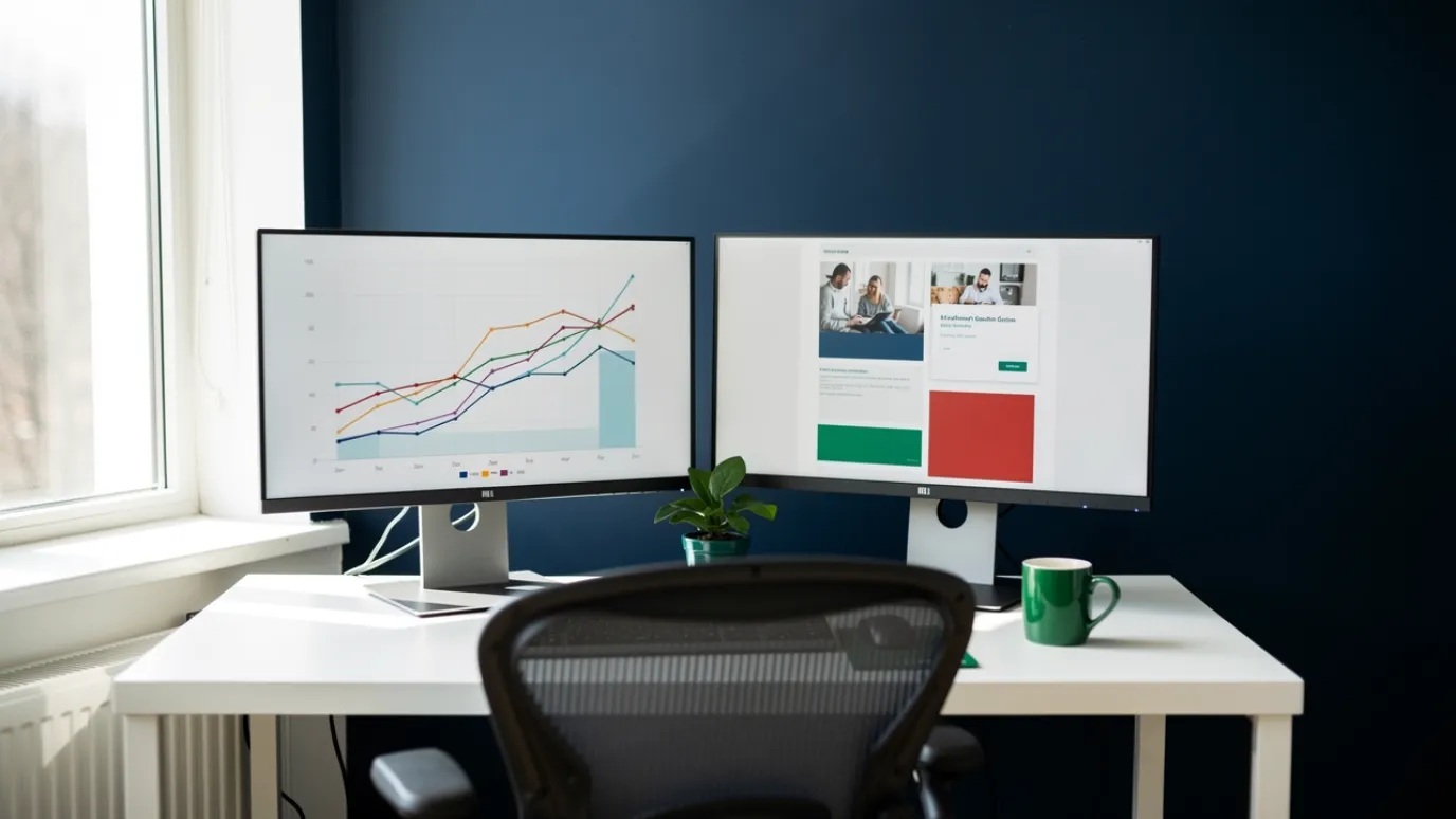 Digital marketer reviewing search and email campaign dashboards on two monitors at a bright desk