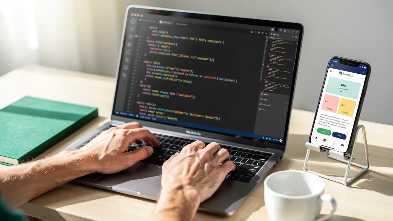 Hands coding a responsive HTML email template on a laptop with a phone preview beside it
