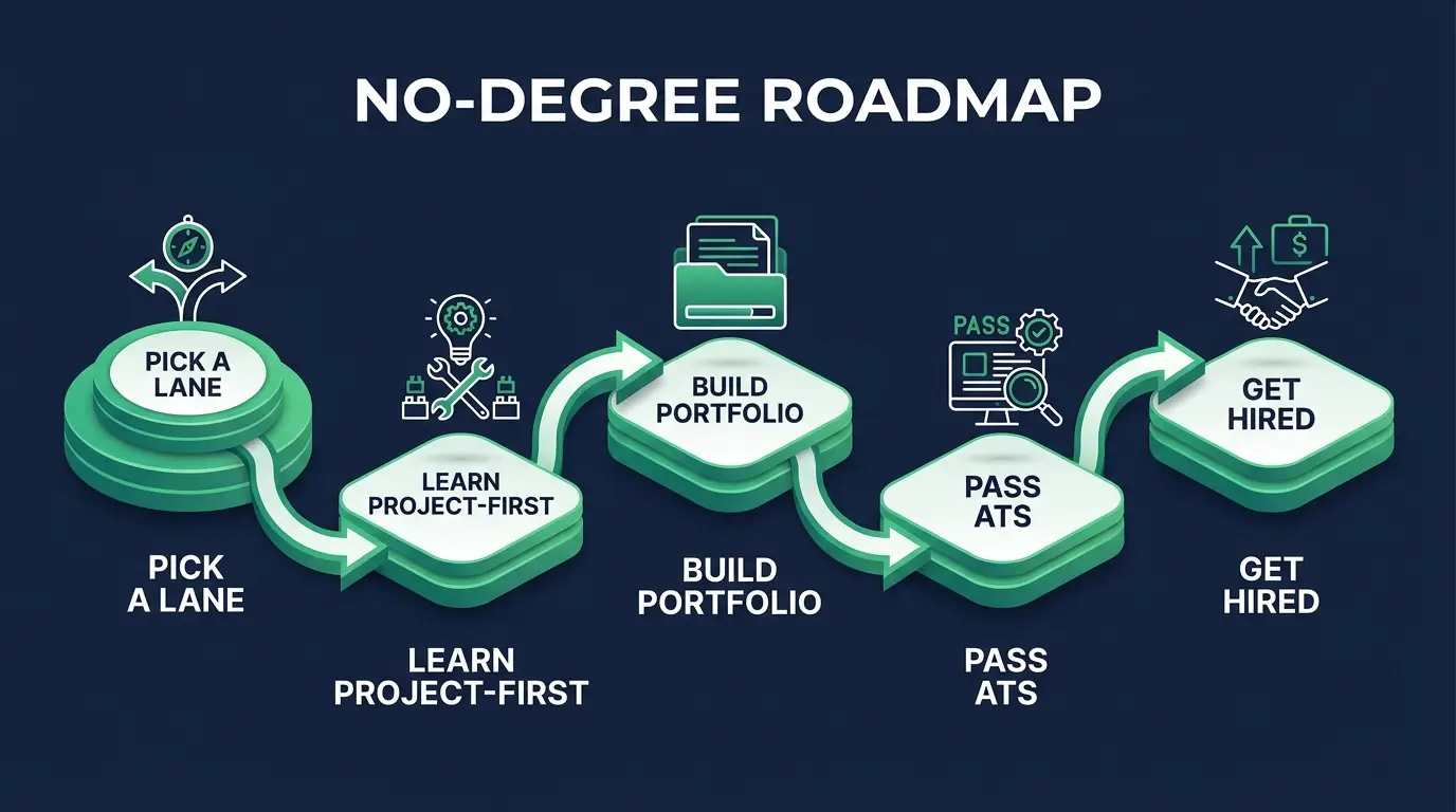 The no-degree roadmap into tech: pick a lane, learn project-first, build a portfolio, pass ATS, get hired