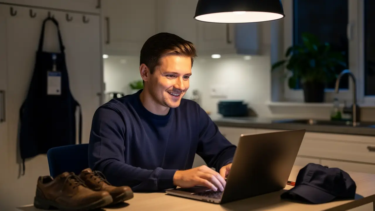 A career-changer studying tech at the kitchen table at night, no degree required