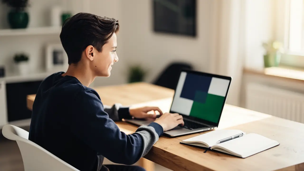 A hopeful beginner sitting at a laptop with a code editor open, natural window light, first day of learning to code