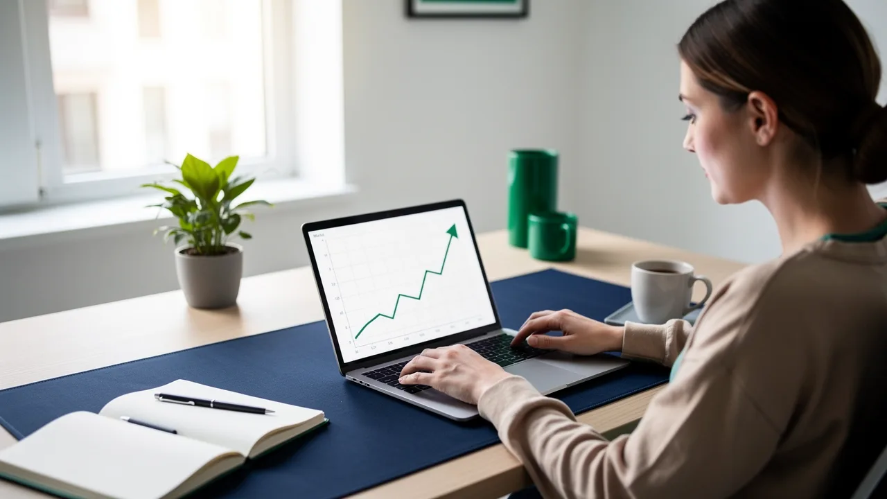 Developer reviewing an investment growth chart on a laptop in a bright home office, planning early retirement with the FIRE method