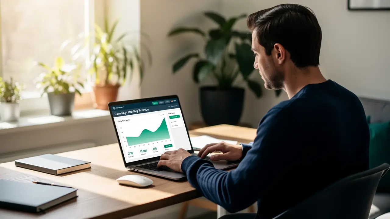 A solo agency owner reviewing recurring monthly revenue from automation clients