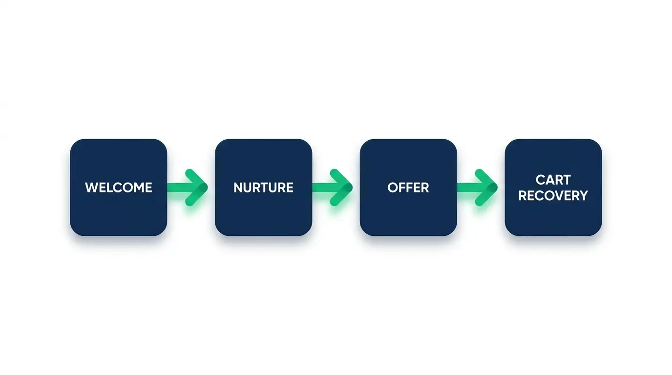 Diagram of a revenue email flow moving from welcome to nurture to offer to abandoned cart recovery