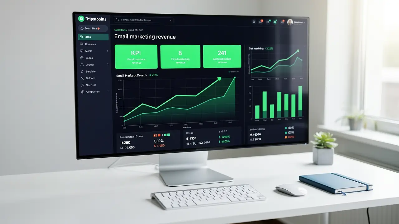 Person checking email marketing performance metrics like revenue per email and conversion rate on a screen
