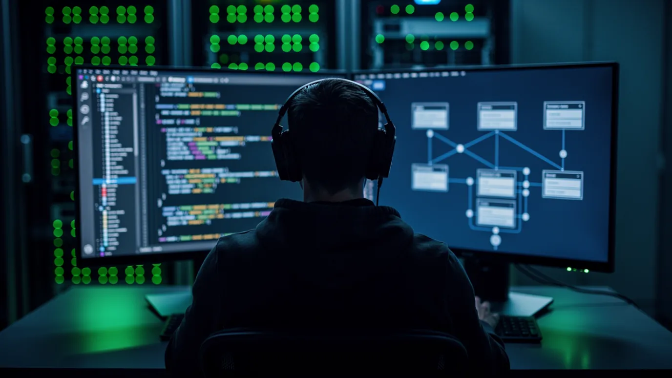 A developer reviewing back-end server code and a database schema across two monitors