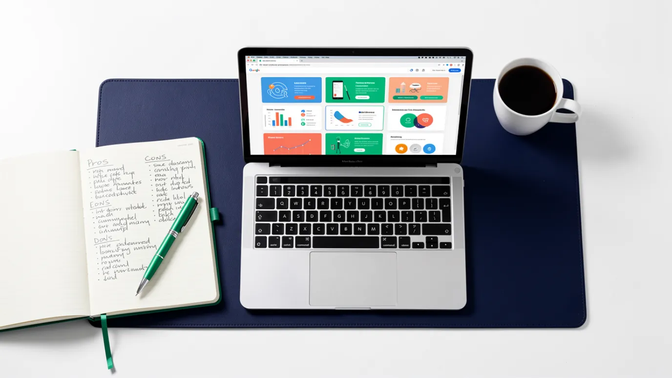 A person comparing online coding platforms on a laptop with a notebook of pros and cons beside it