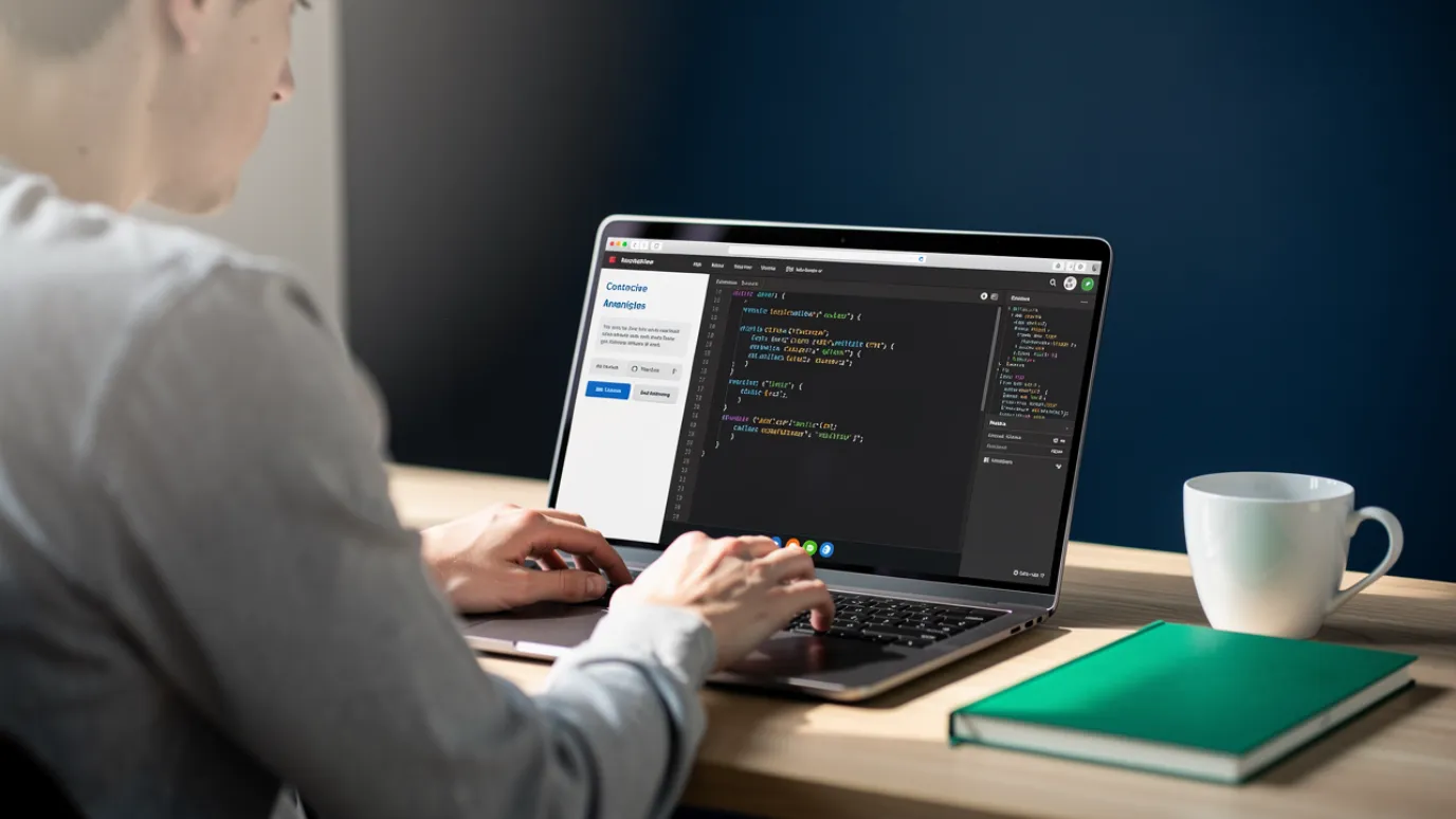 A beginner typing code into an interactive in-browser lesson on a laptop at a bright desk while weighing whether Codecademy is worth it