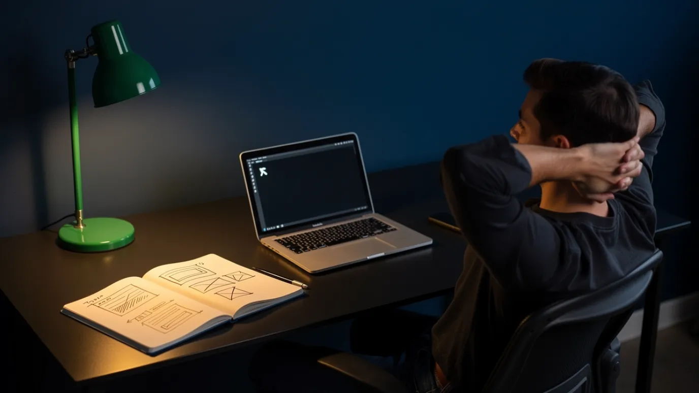 A learner staring at an empty code editor next to a notebook of project sketches, the point where many Codecademy students stall