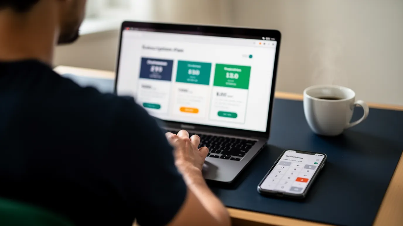 A learner at a home desk comparing Coursera subscription options on a laptop before paying