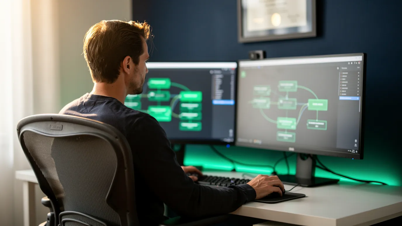 A career changer building a real marketing automation project on a dual-monitor setup