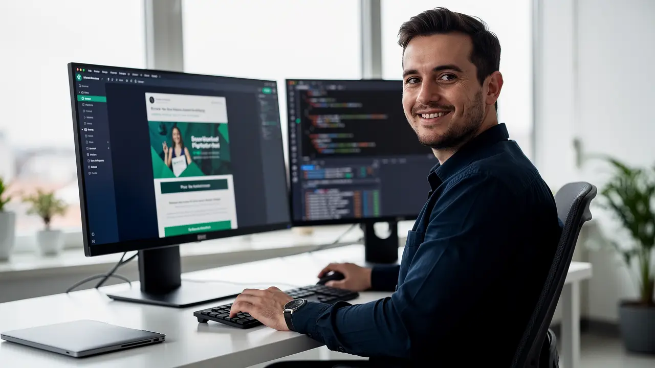 Confident email developer working at a desk in a modern office